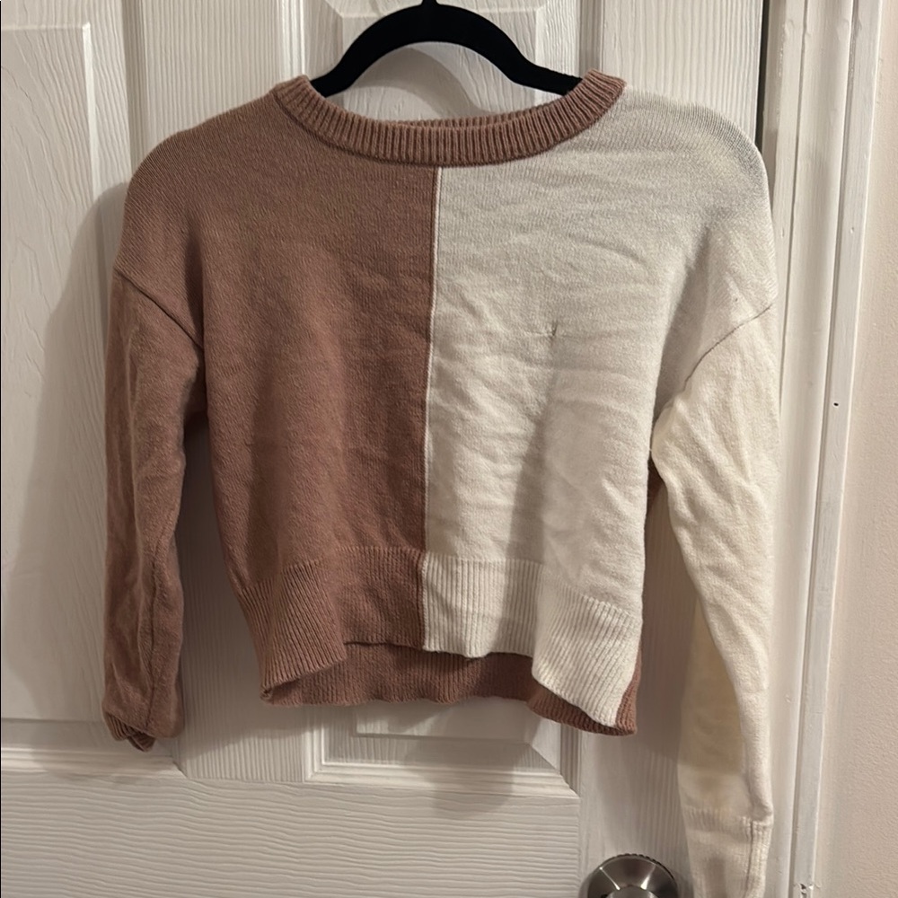 Dusty Rose and Cream Crew Neck Sweater with Color-Block Design